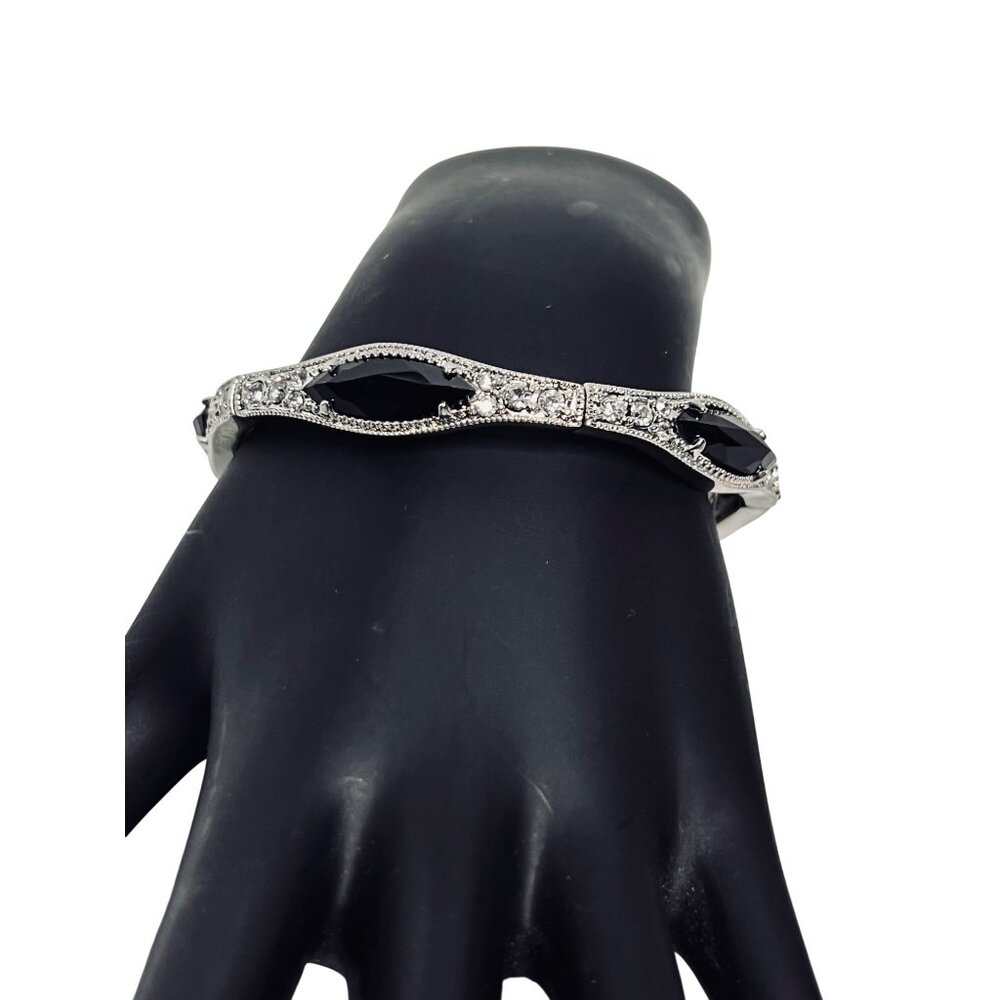 Monet Silver Tone, Faceted Black And Clear Rhinestones Stretch Bracelet (6250)